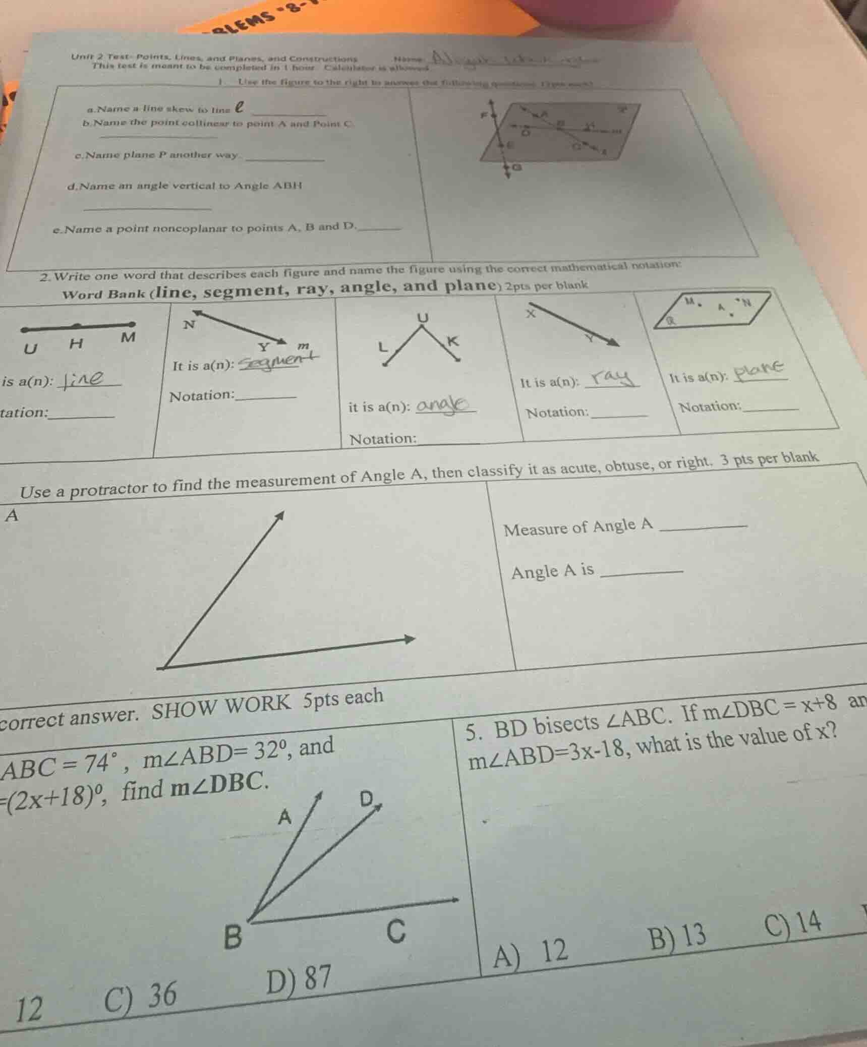 unit 2 test: points, lines, and planes, and constructions name this tes…