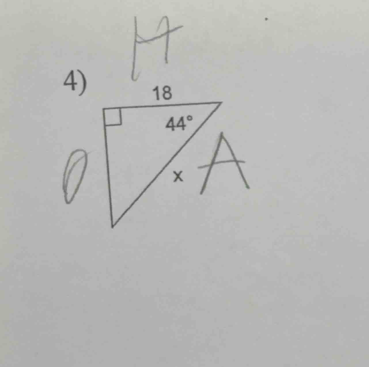 4) in a right triangle, one acute angle is 44°, the adjacent side to th…