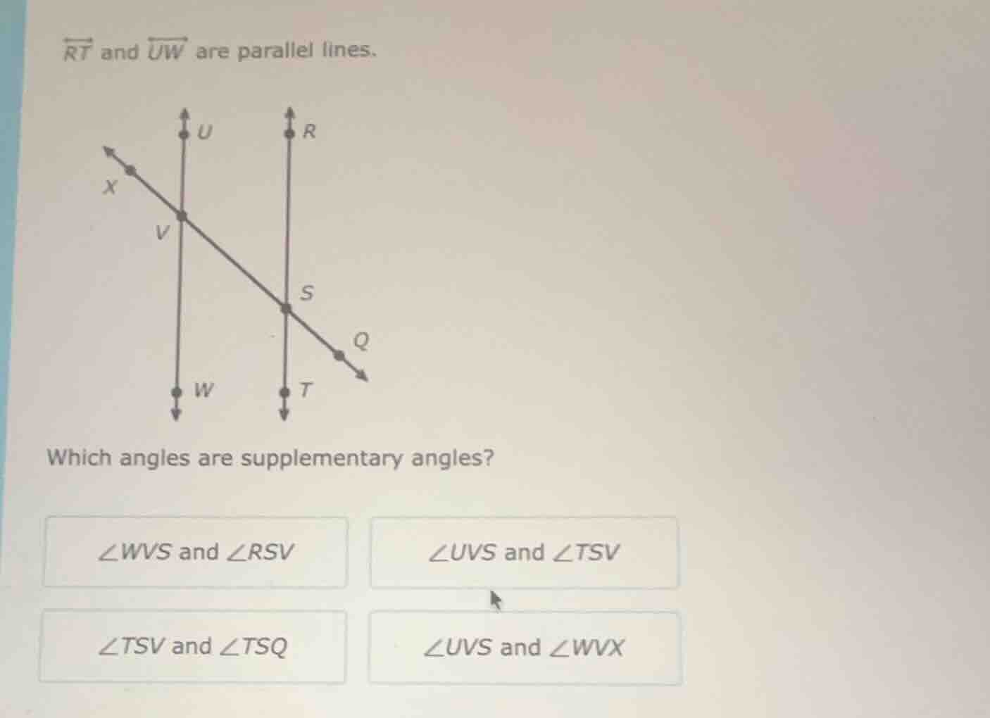 $overleftrightarrow{rt}$ and $overleftrightarrow{uw}$ are parallel line…