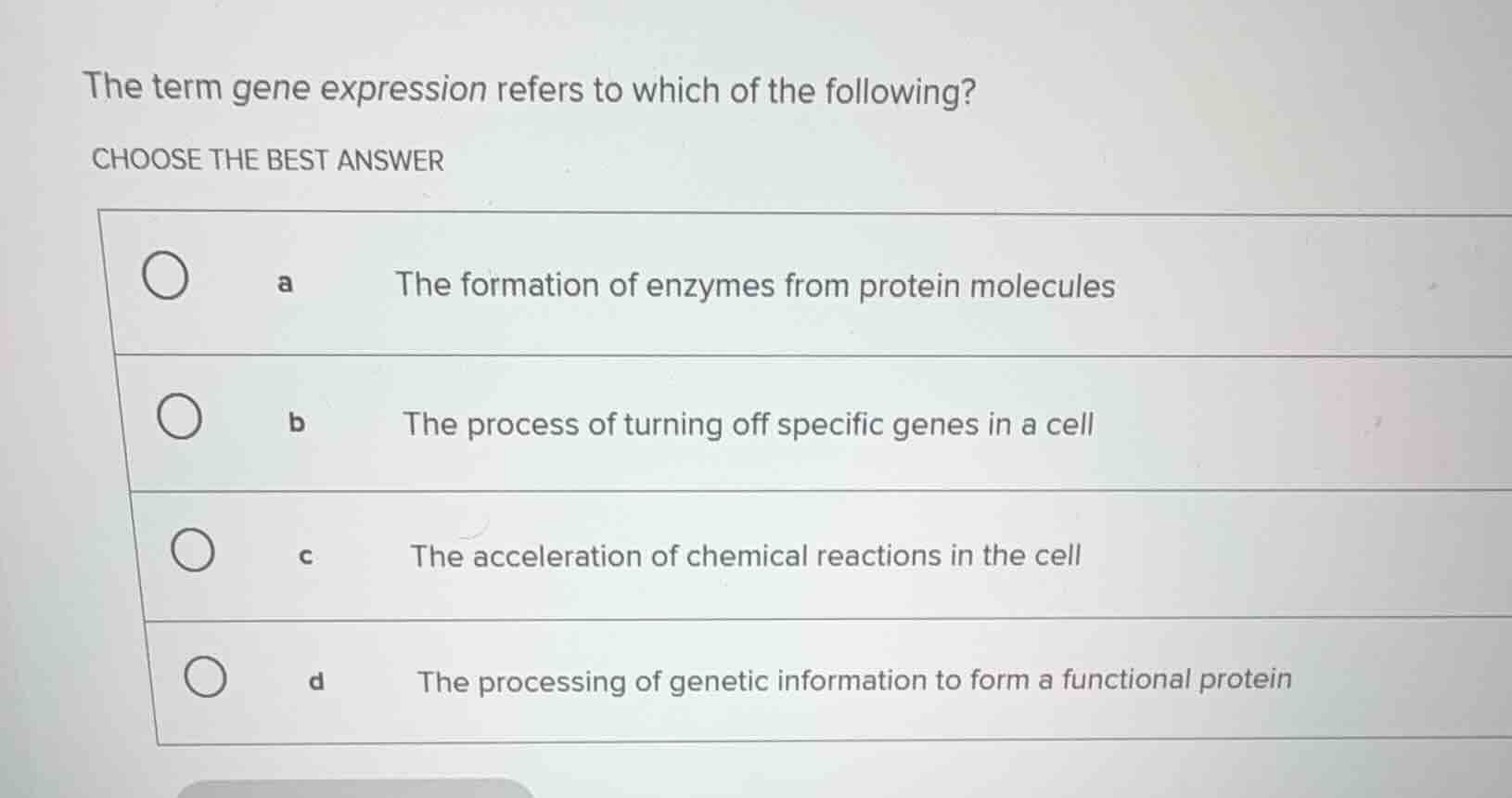 the term gene expression refers to which of the following? choose the b…