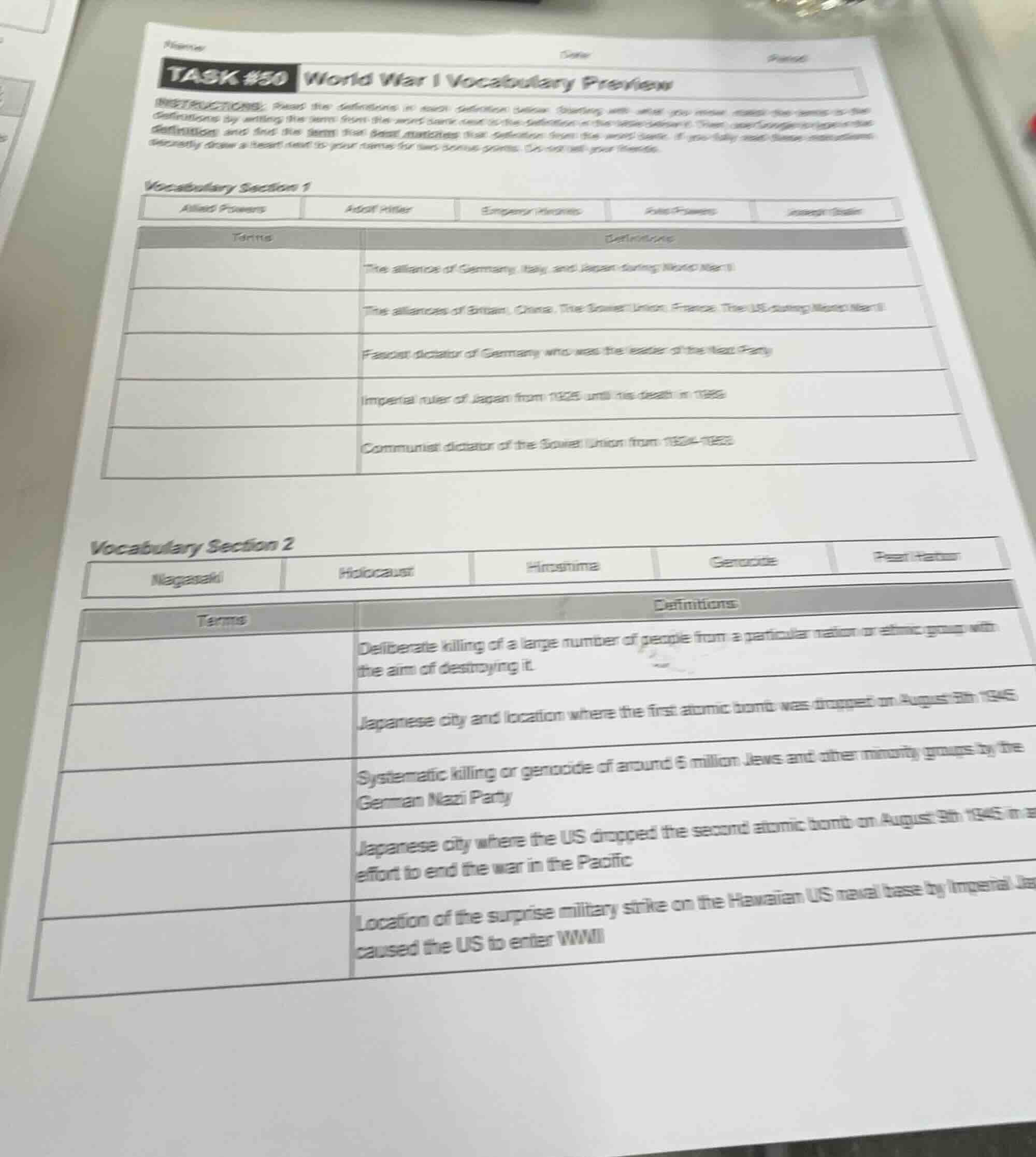name date period task #50 world war i vocabulary preview instructions: …