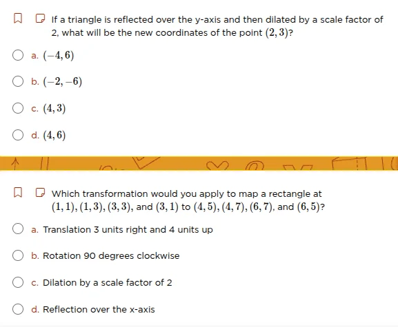 1. if a triangle is reflected over the y-axis and then dilated by a sca…