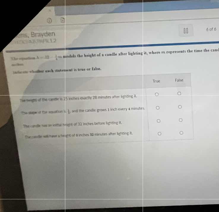 brayden 6 of 6 the equation $h=32-\\frac{1}{4}m$ models the height of a…