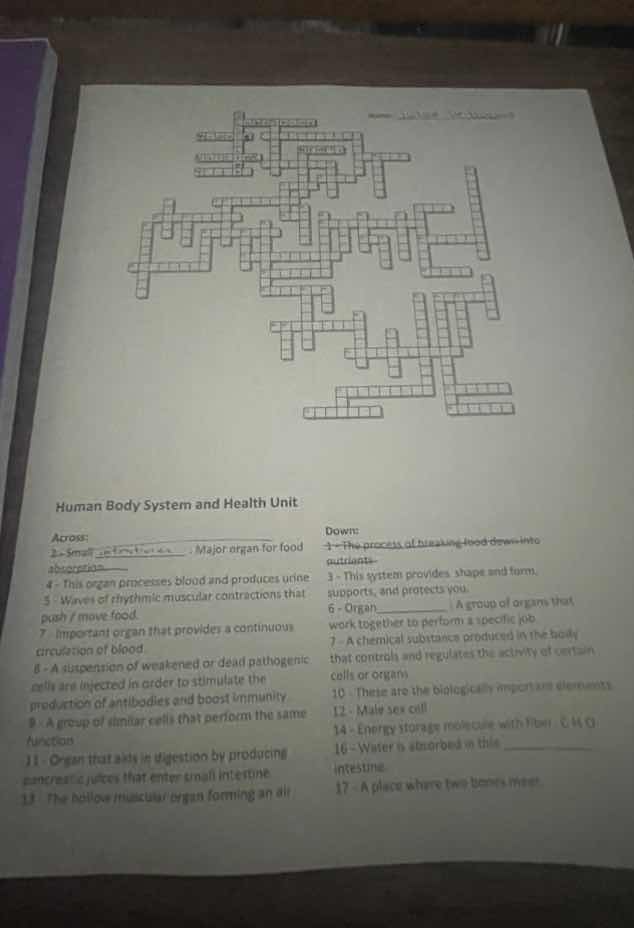 human body system and health unit across: 2-small ________. major organ…