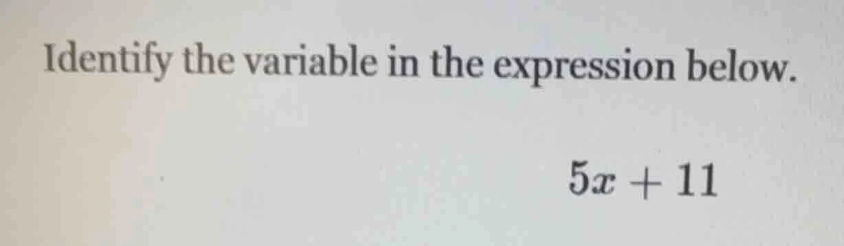 identify the variable in the expression below. $5x + 11$