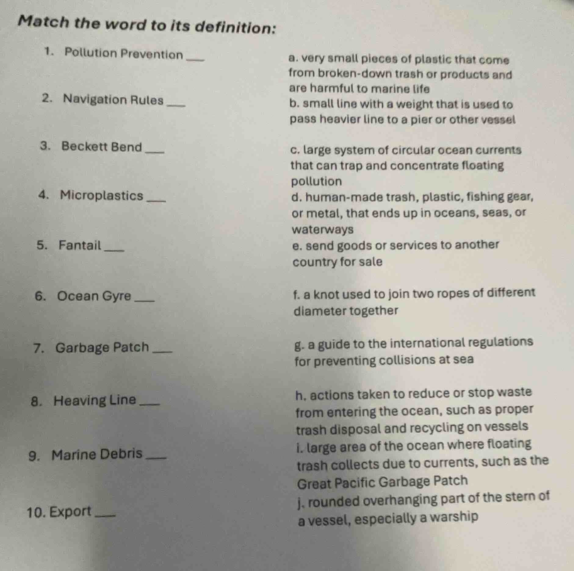 match the word to its definition: 1. pollution prevention ____ 2. navig…