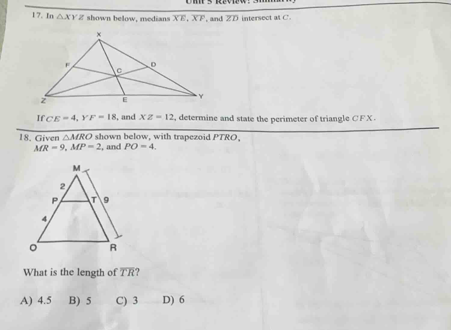 17. in $\triangle xyz$ shown below, medians $xe$, $xf$, and $zd$ inters…