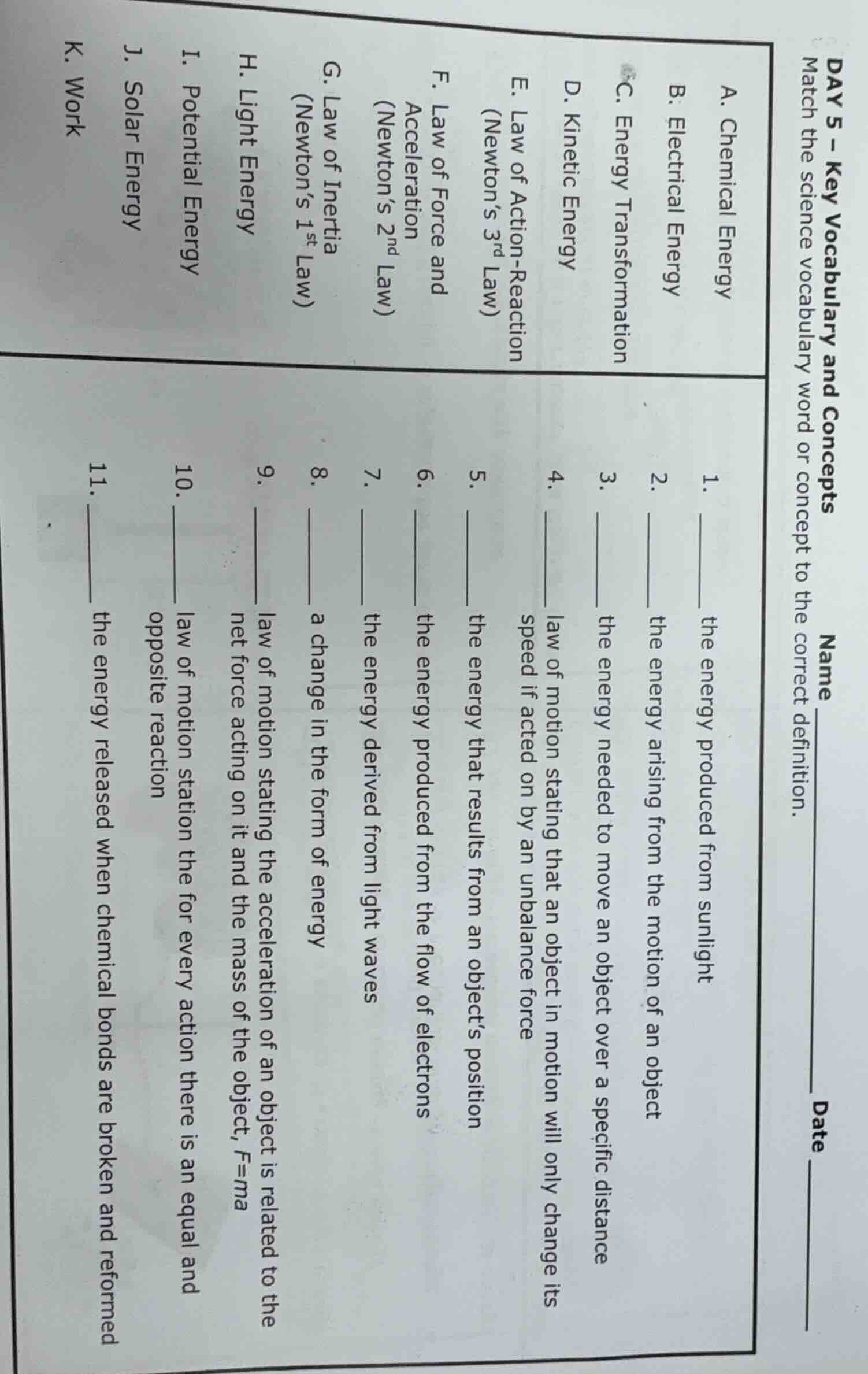 day 5 - key vocabulary and concepts name date match the science vocabul…