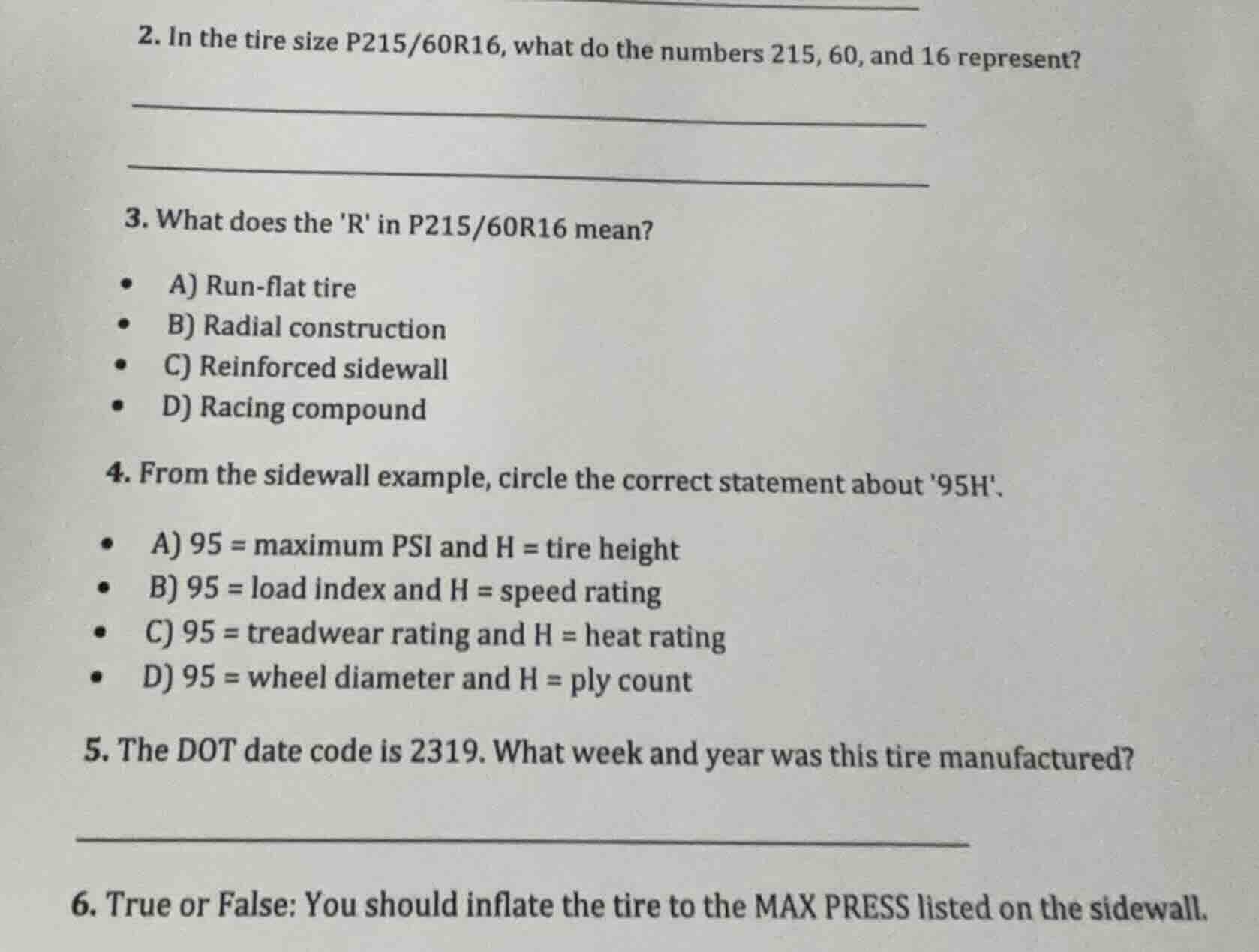 2. in the tire size p215/60r16, what do the numbers 215, 60, and 16 rep…