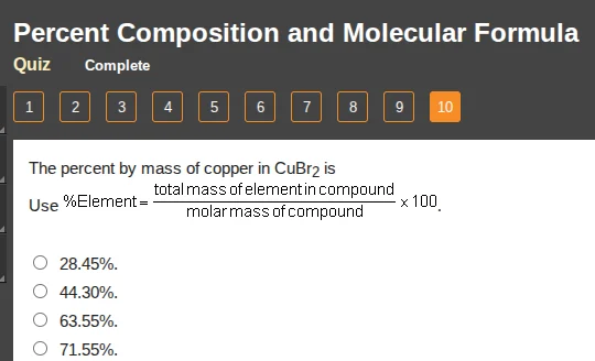 percent composition and molecular formula quiz complete 1 2 3 4 5 6 7 8…