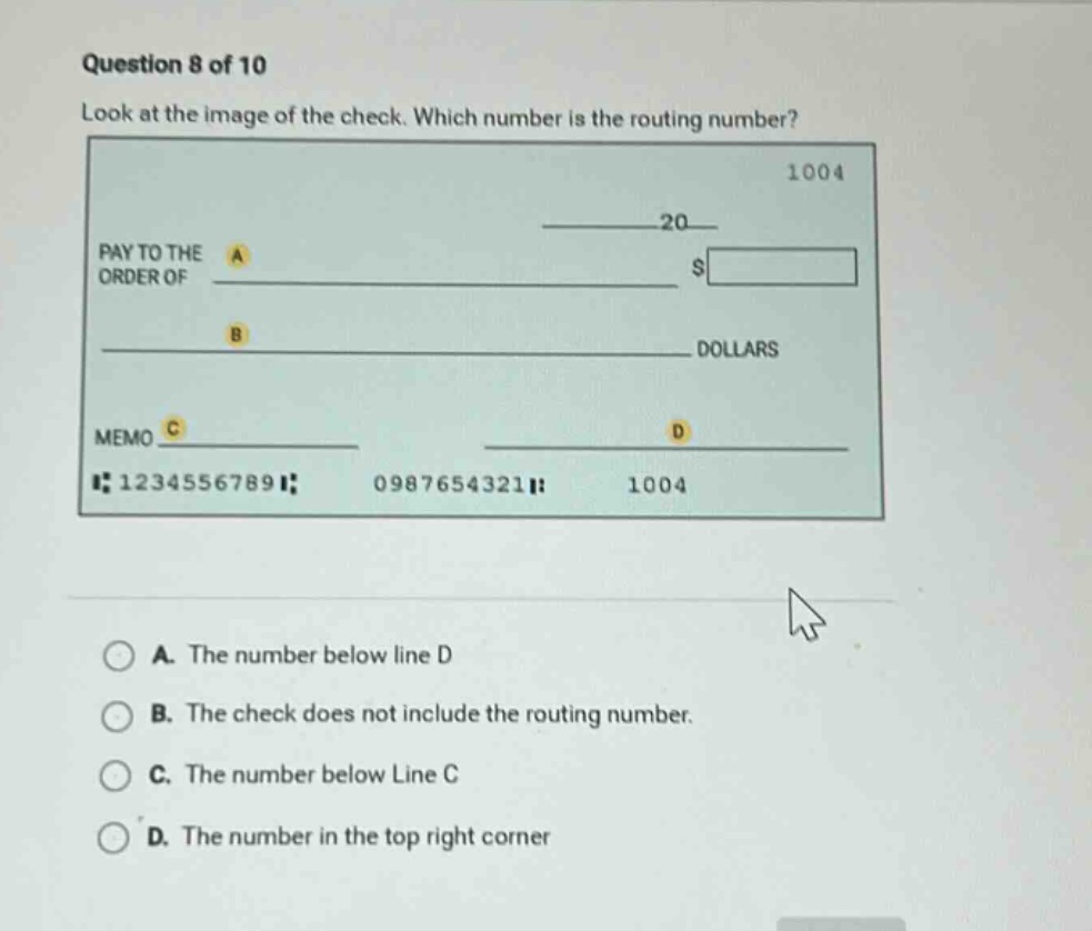 question 8 of 10 look at the image of the check. which number is the ro…