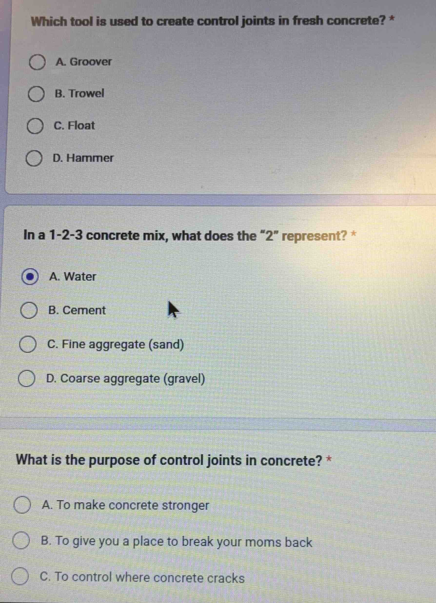 which tool is used to create control joints in fresh concrete? * a. gro…