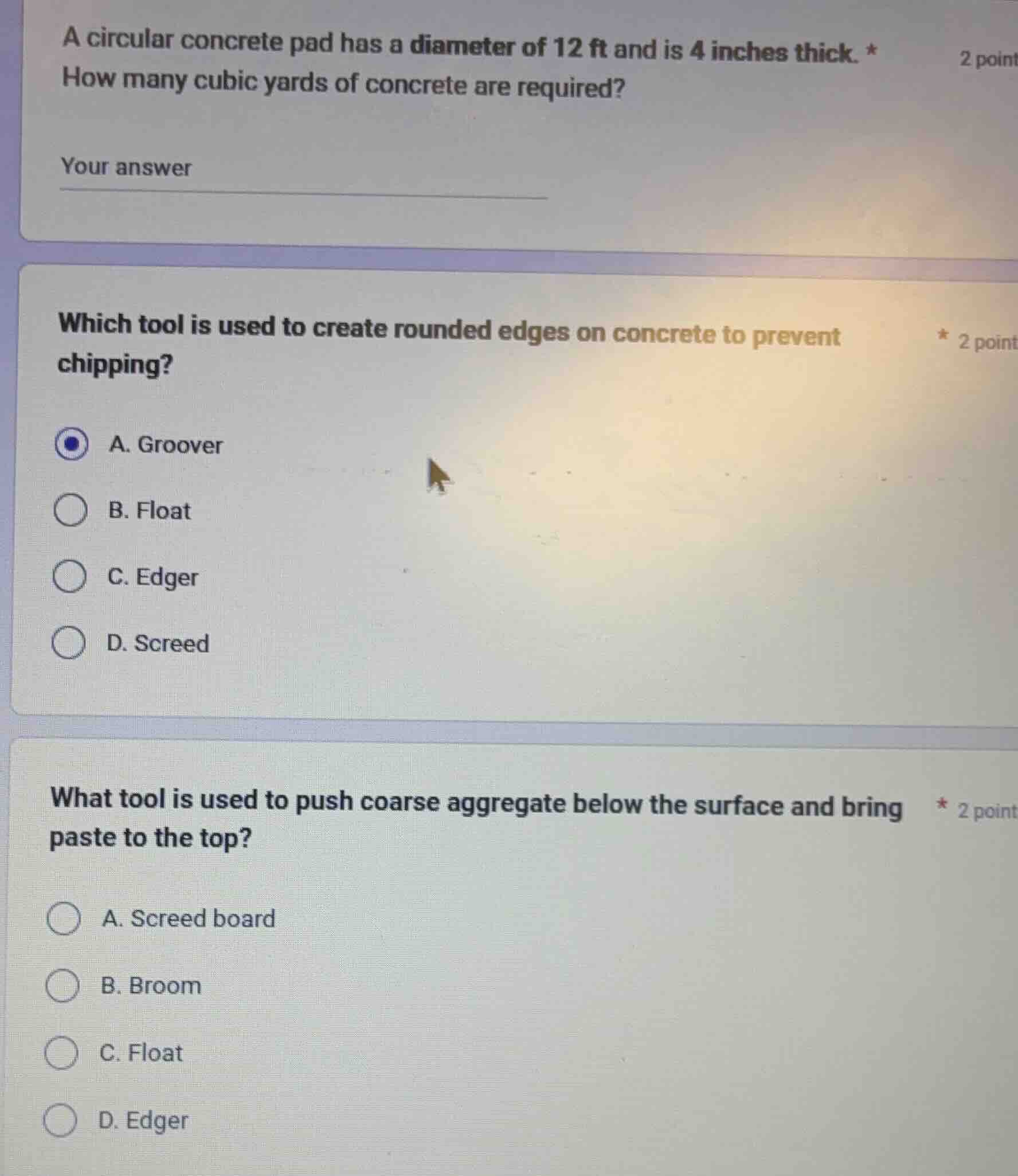 a circular concrete pad has a diameter of 12 ft and is 4 inches thick. …