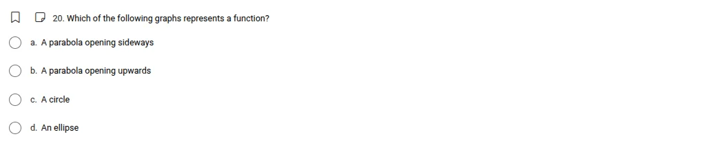 20. which of the following graphs represents a function? a. a parabola …