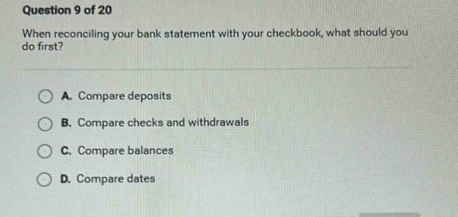 question 9 of 20 when reconciling your bank statement with your checkbo…