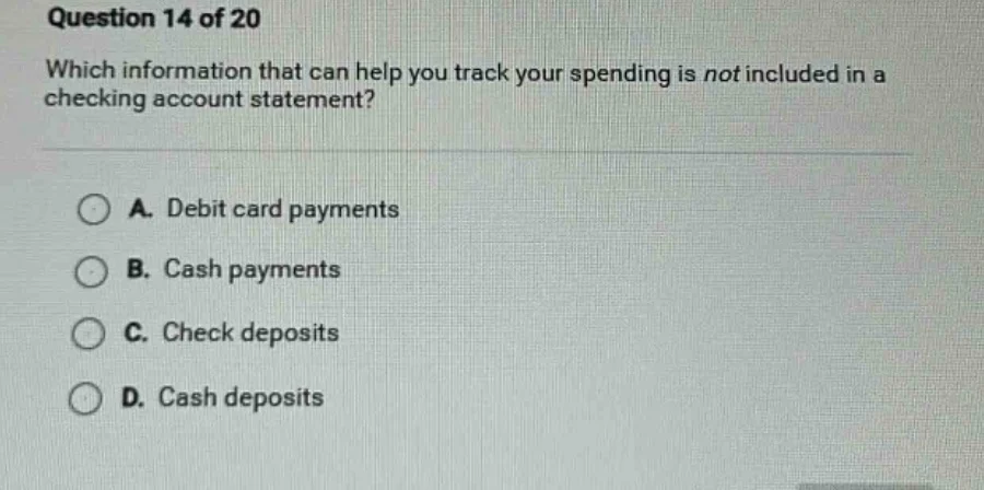 question 14 of 20 which information that can help you track your spendi…