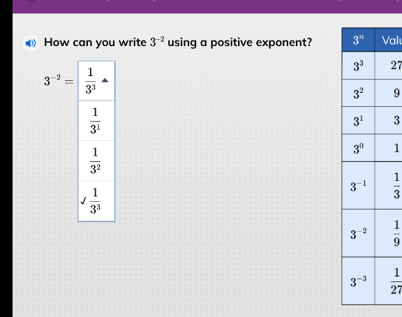 how can you write $3^{-2}$ using a positive exponent? $3^{-2} =$ $\\fra…