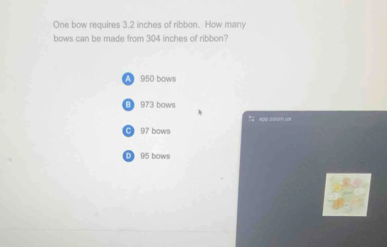 one bow requires 3.2 inches of ribbon. how many bows can be made from 3…