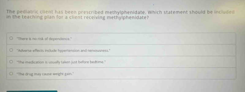 the pediatric client has been prescribed methylphenidate. which stateme…
