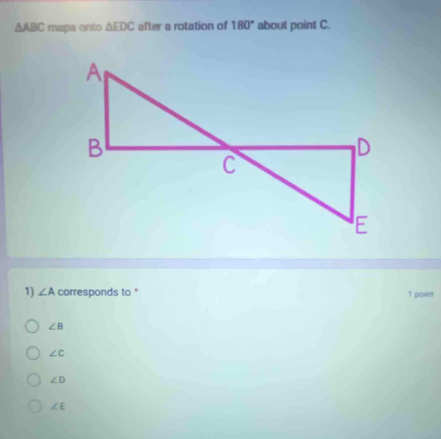 $\\triangle abc$ maps onto $\\triangle edc$ after a rotation of $180^\\…