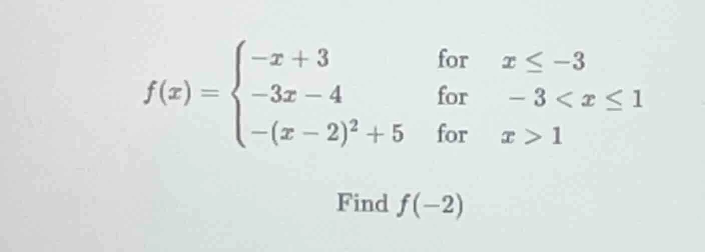 f(x) = \begin{cases} -x + 3 & \text{for } x leq -3 \\ -3x - 4 & \text{f…