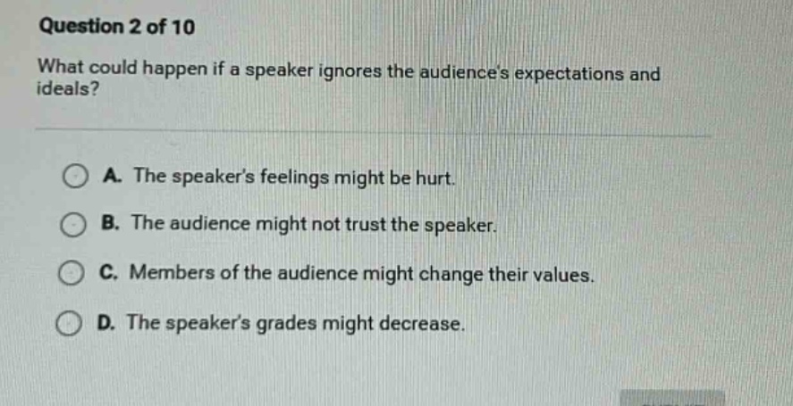 question 2 of 10 what could happen if a speaker ignores the audiences e…