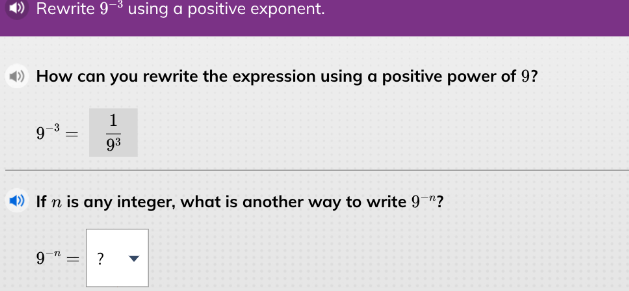 rewrite $9^{-3}$ using a positive exponent. how can you rewrite the exp…
