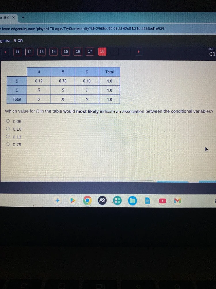 a b c total d 0.12 0.78 0.10 1.0 e r s t 1.0 total u x y 1.0 which valu…