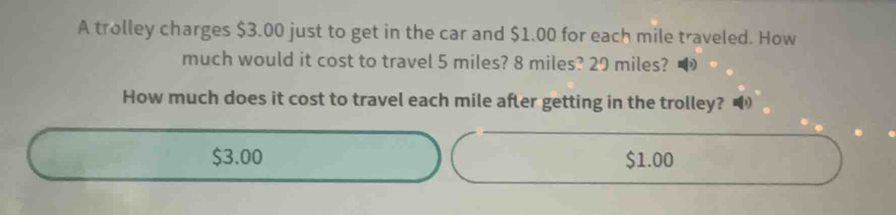 a trolley charges $3.00 just to get in the car and $1.00 for each mile …