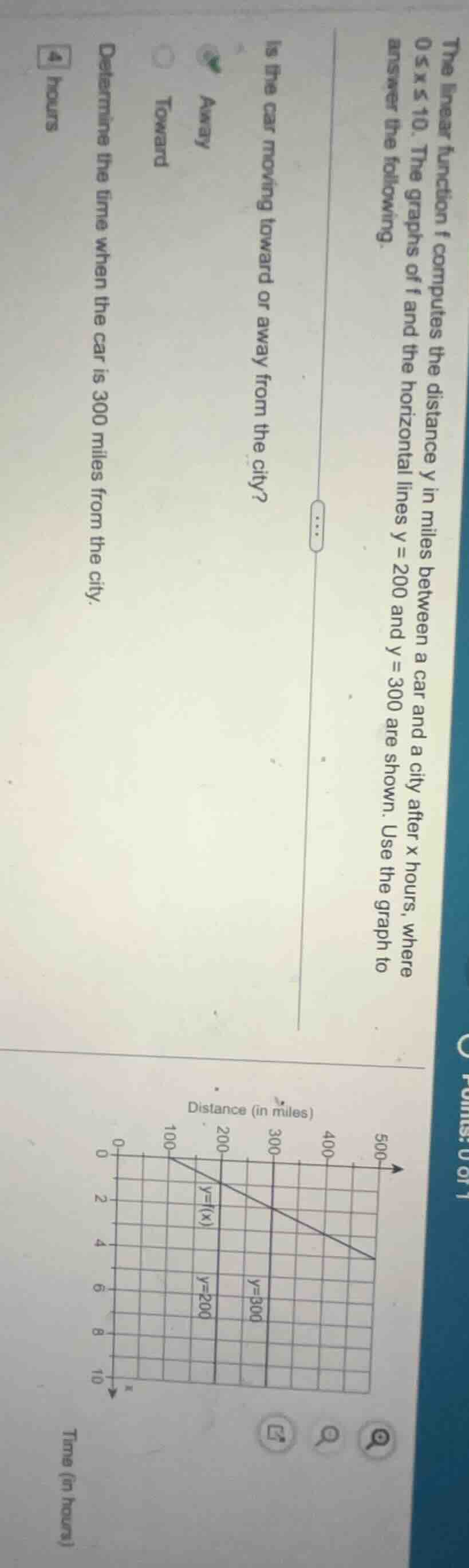 the linear function f computes the distance y in miles between a car an…