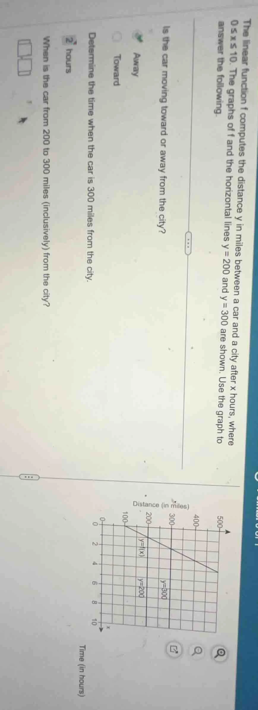 the linear function f computes the distance y in miles between a car an…