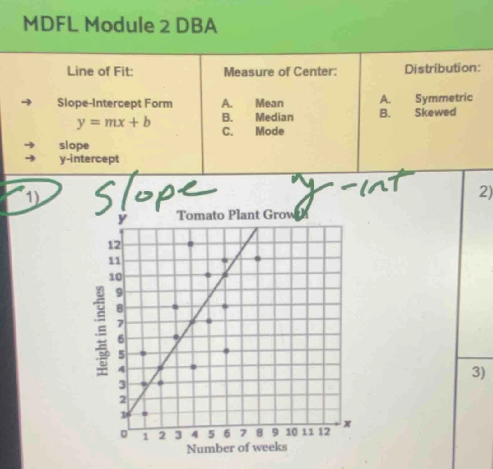 mdfl module 2 dba line of fit: → slope-intercept form $y = mx + b$ → sl…