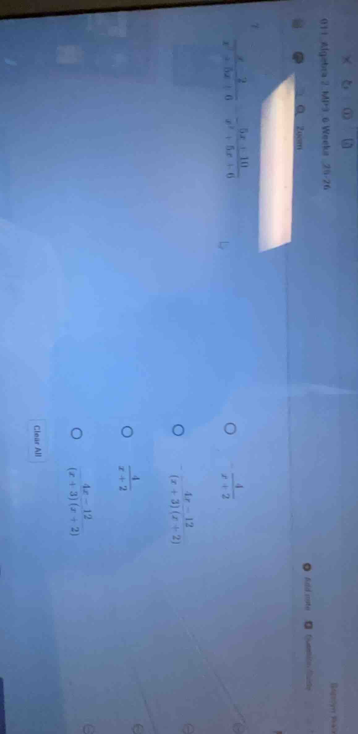 011 algebra 2 mp3 6 weeks 20-26 $\frac{x - 2}{x^2 + 5x + 6} - \frac{5x …