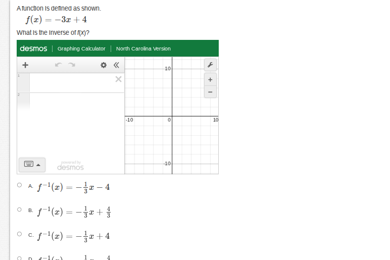 a function is defined as shown.$f(x) = -3x + 4$what is the inverse of $…