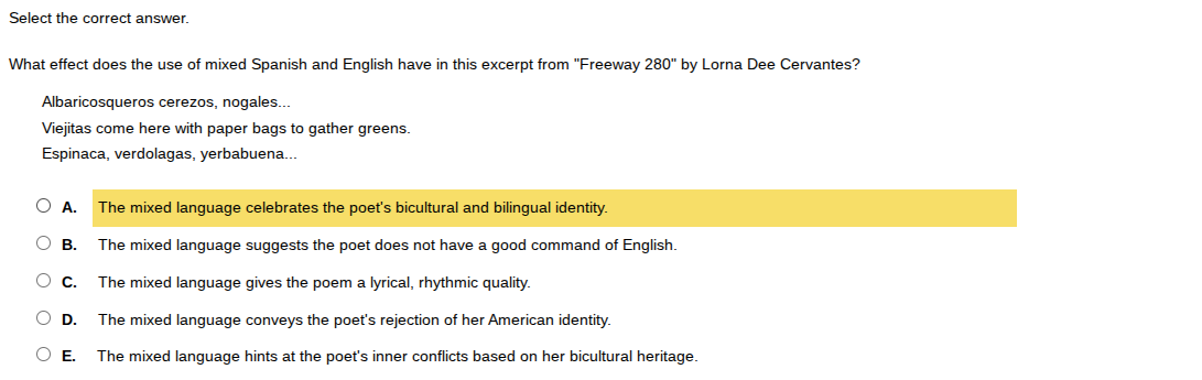 select the correct answer. what effect does the use of mixed spanish an…