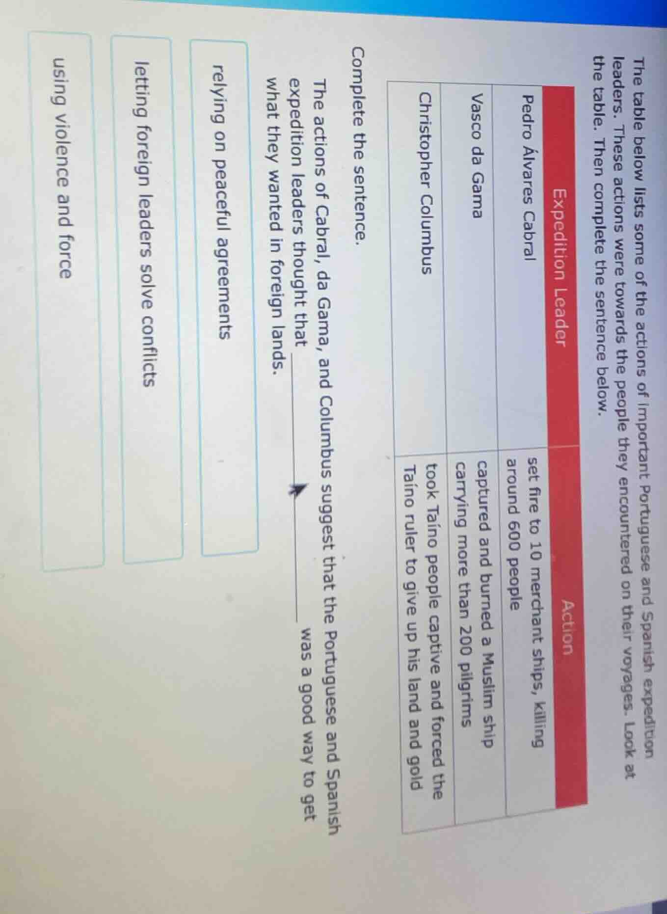 the table below lists some of the actions of important portuguese and s…