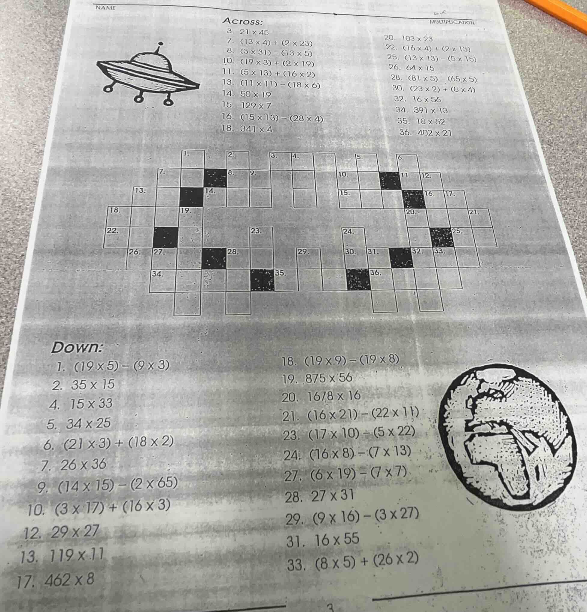 name multiplication across: 3. $21 \\times 45$ 7. $(13 \\times 4)+(2 \\…