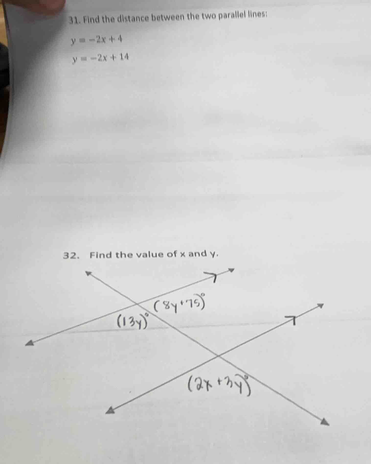 31. find the distance between the two parallel lines: $y = -2x + 4$ $y …
