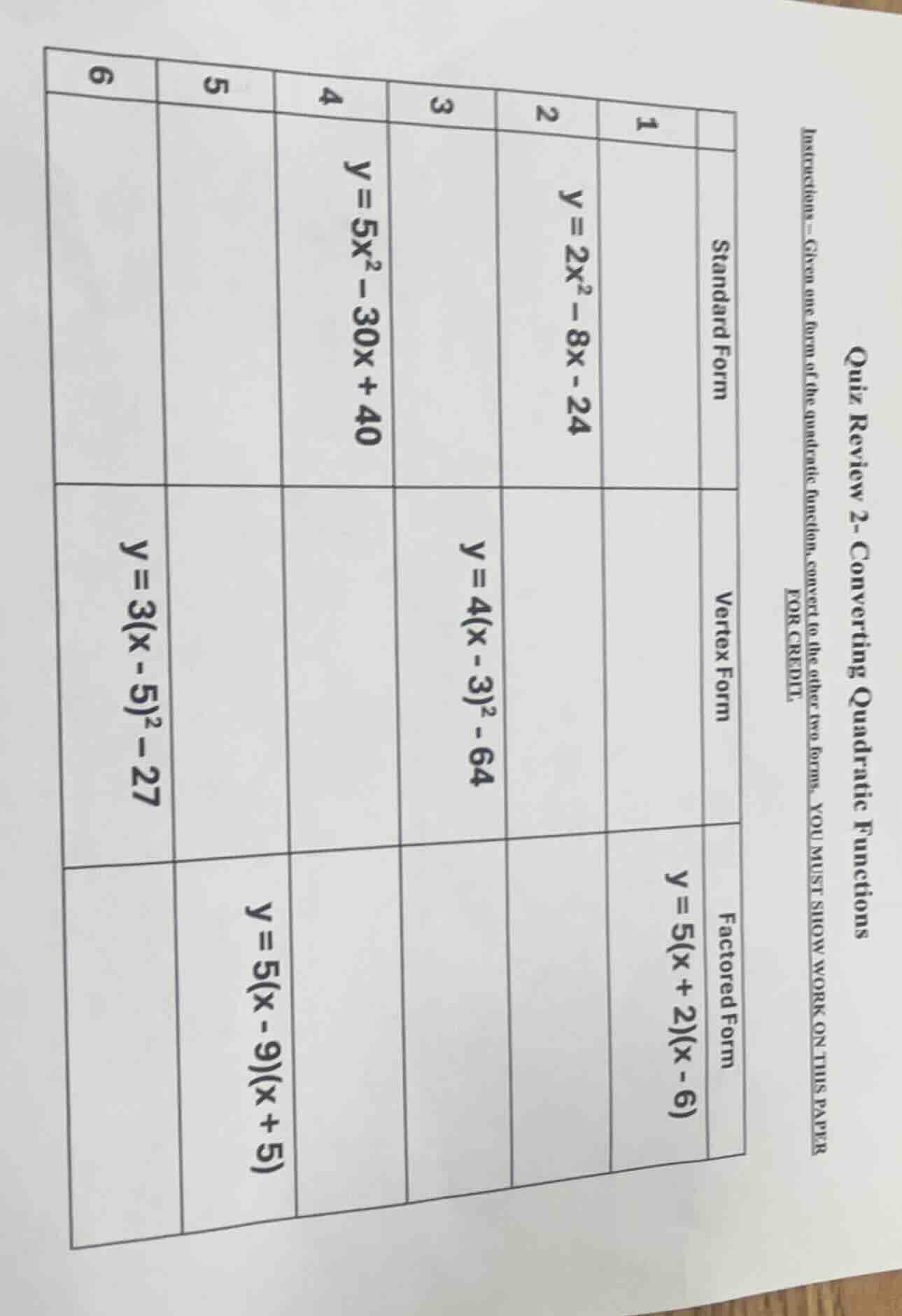 quiz review 2- converting quadratic functions instructions - given one …
