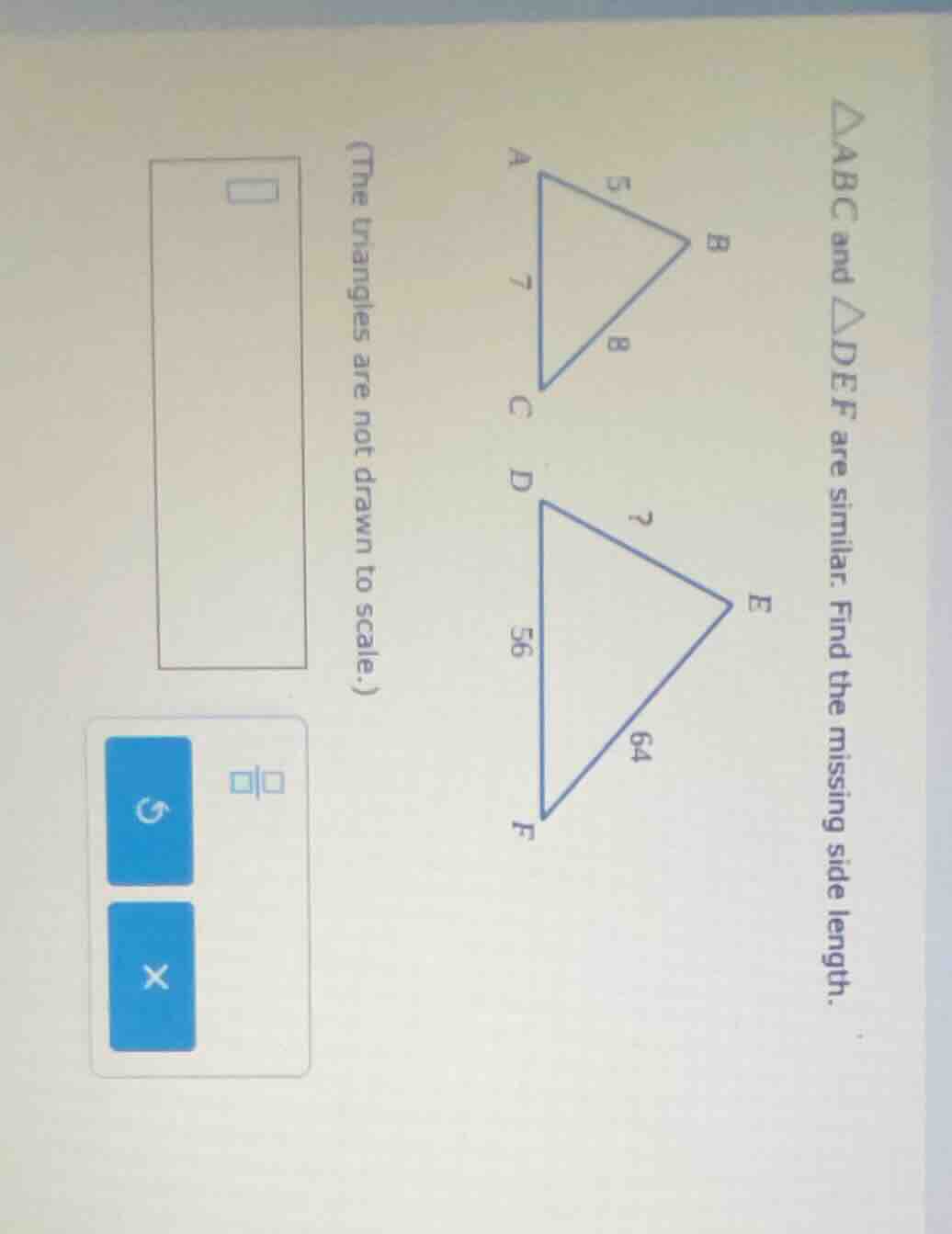 $\\triangle abc$ and $\\triangle def$ are similar. find the missing sid…
