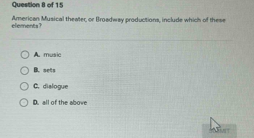 question 8 of 15 american musical theater, or broadway productions, inc…
