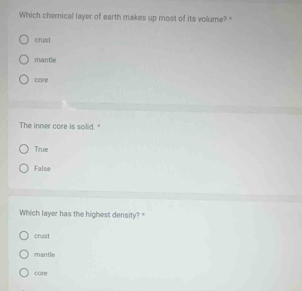 which chemical layer of earth makes up most of its volume? *○ crust○ ma…