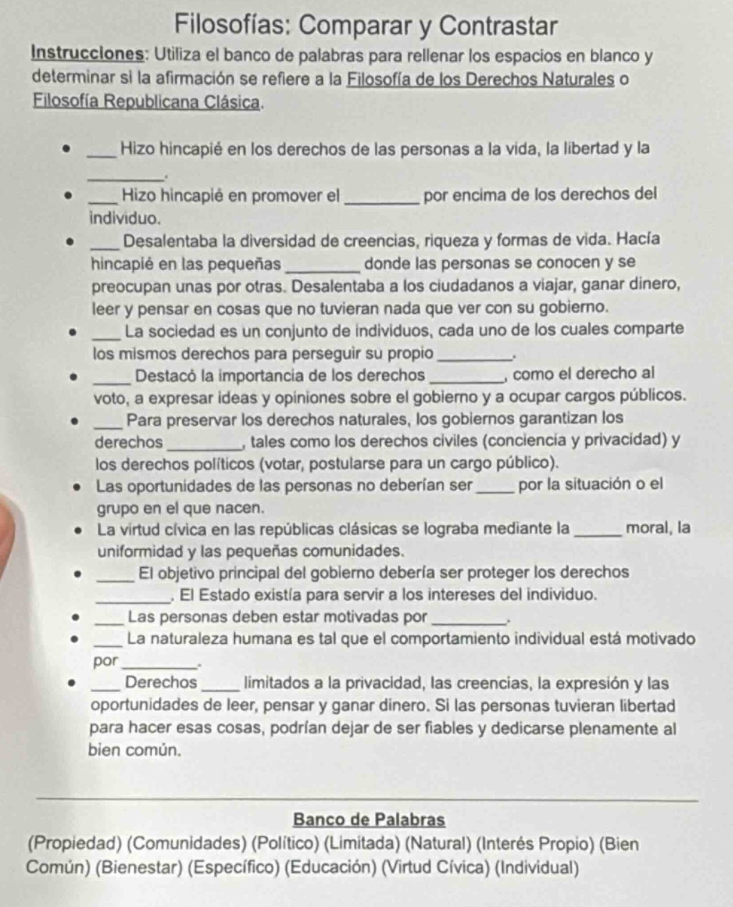 filosofías: comparar y contrastar instrucciones: utiliza el banco de pa…