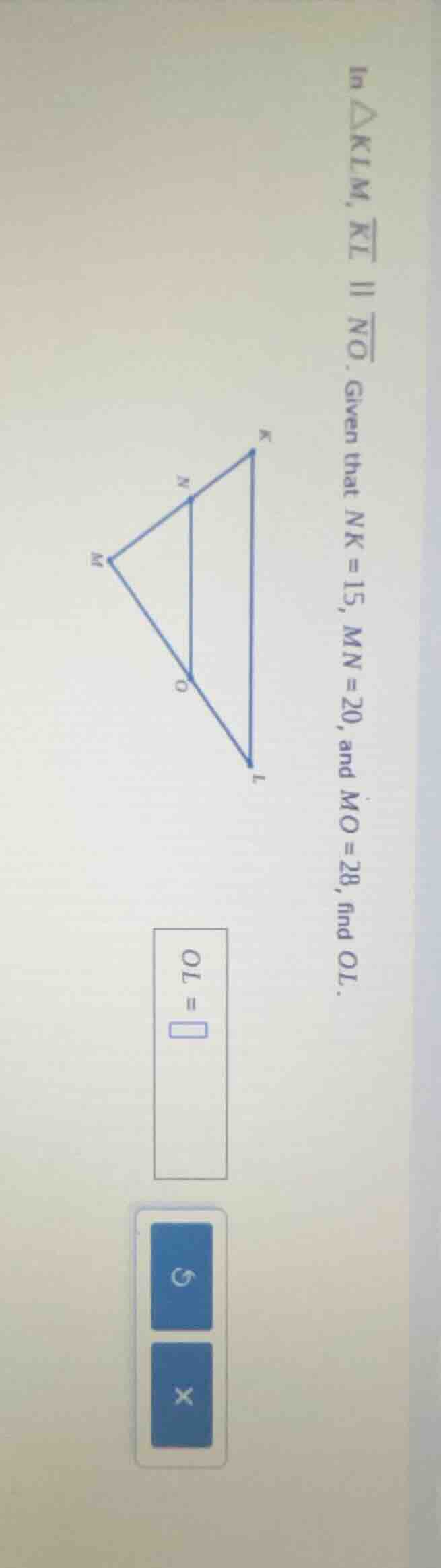 in $\triangle klm$, $overline{kl} parallel overline{no}$. given that $n…