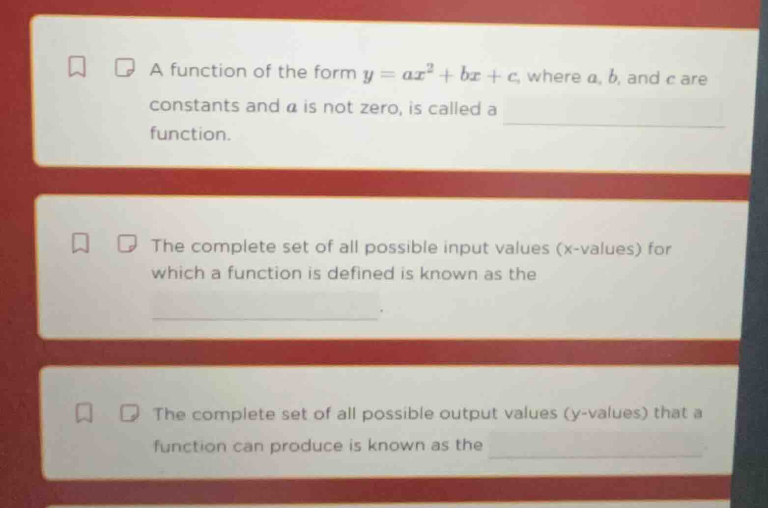 a function of the form $y = ax^2 + bx + c$, where $a$, $b$, and $c$ are…