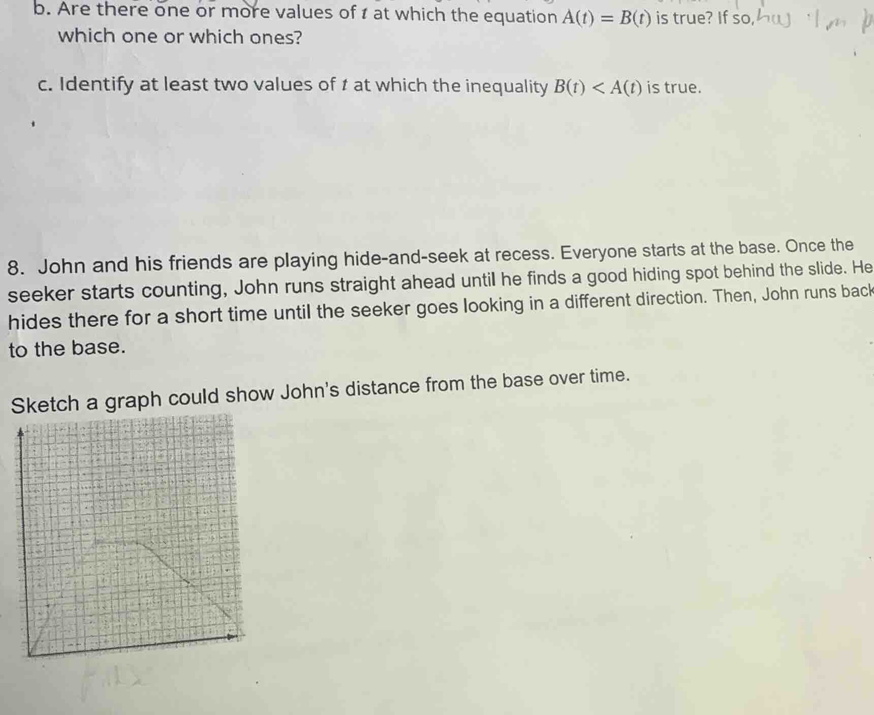 b. are there one or more values of $t$ at which the equation $a(t) = b(…