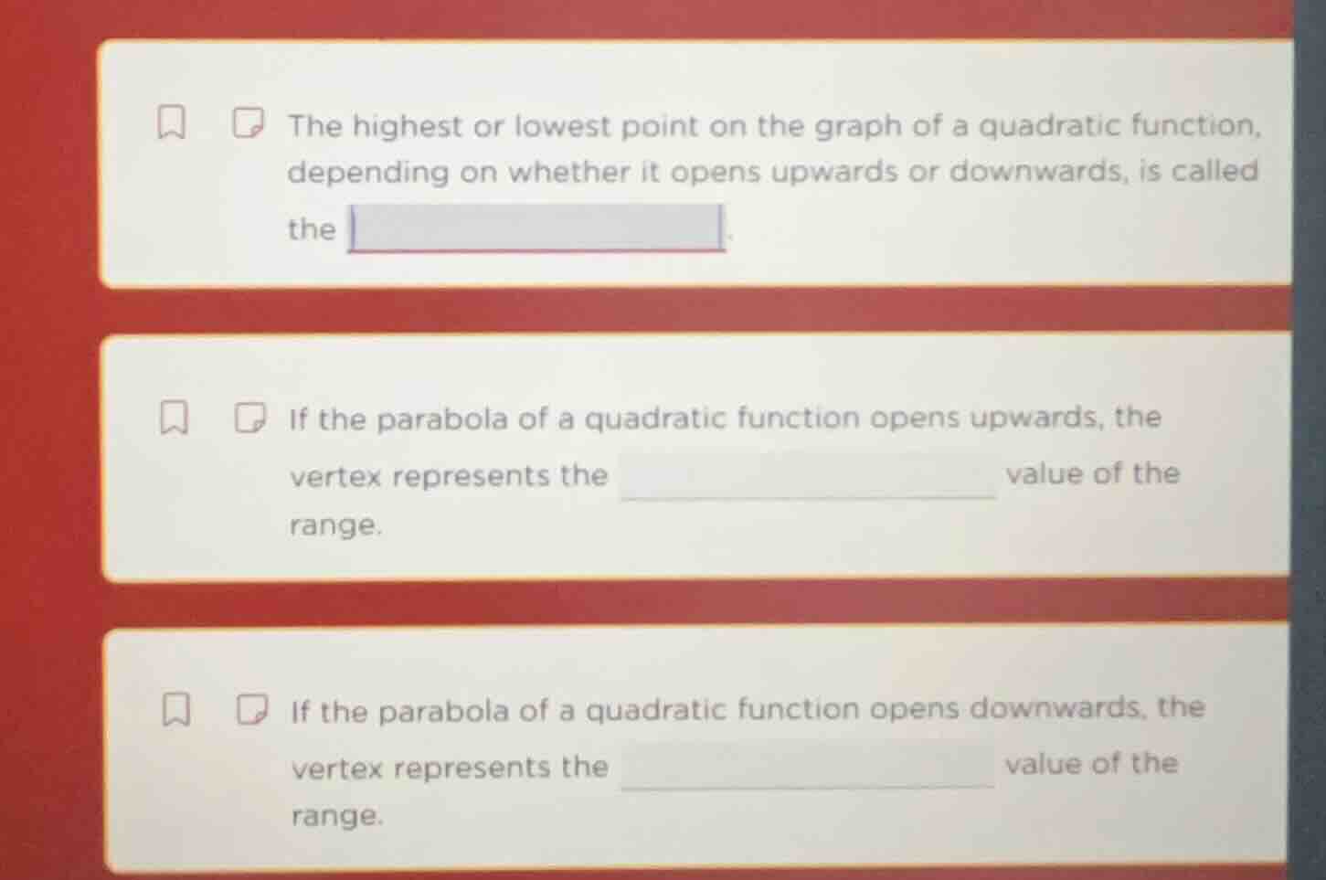 1. the highest or lowest point on the graph of a quadratic function, de…