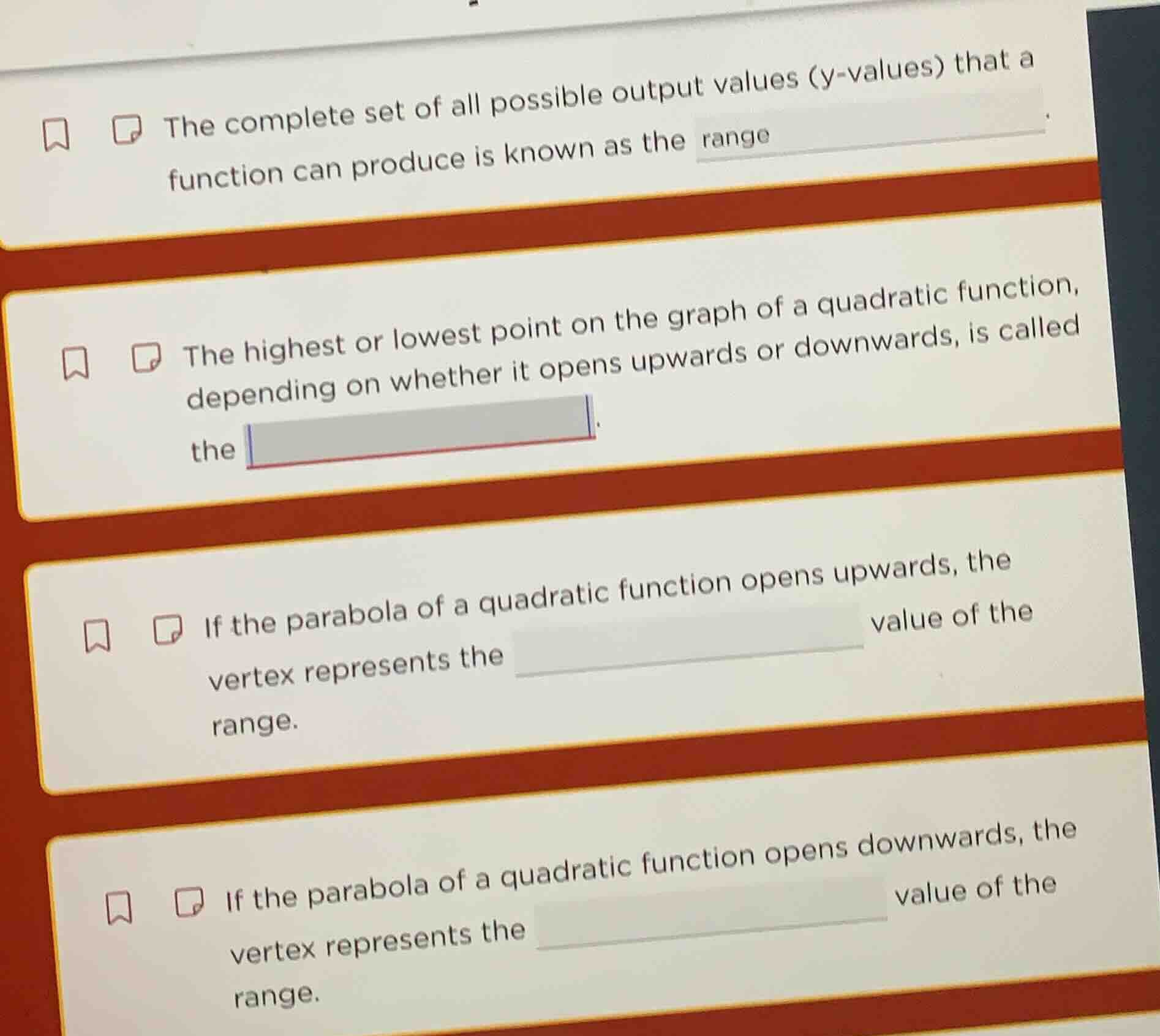 1. the complete set of all possible output values (y-values) that a fun…