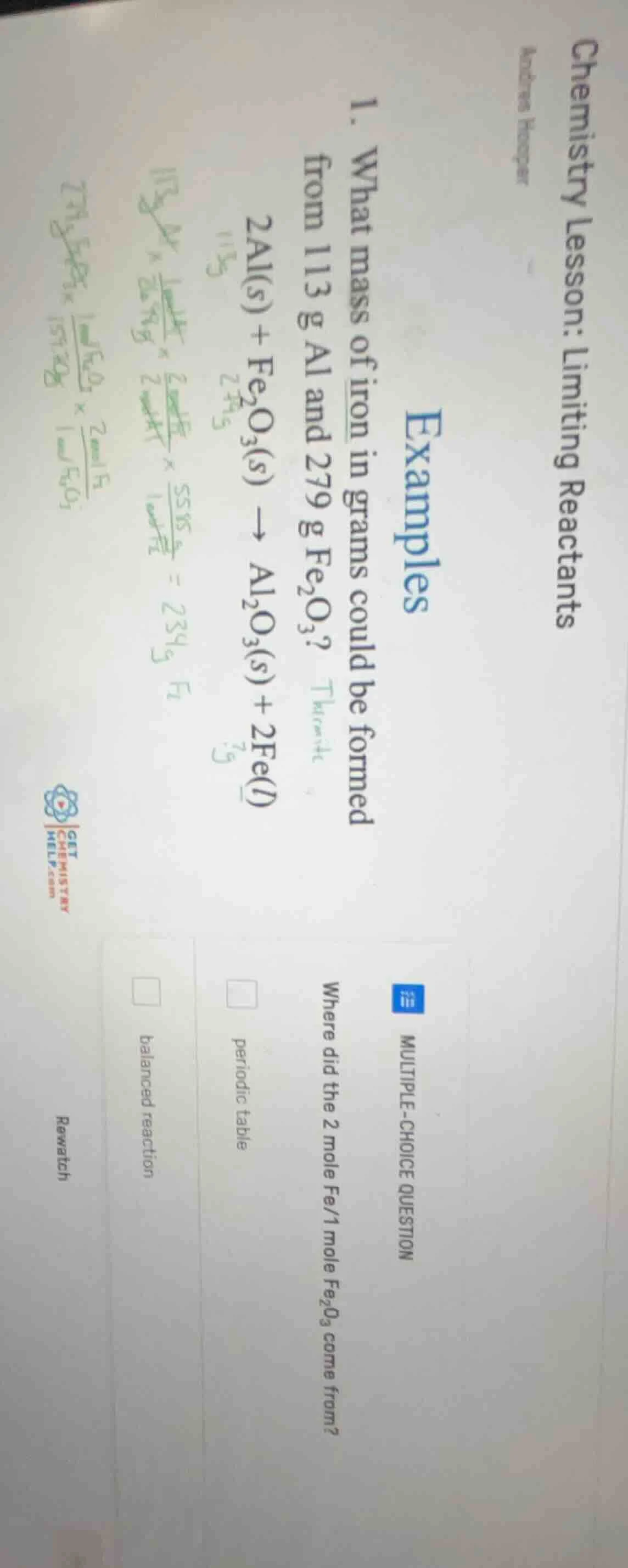 chemistry lesson: limiting reactants andrew hooper examples 1. what mas…