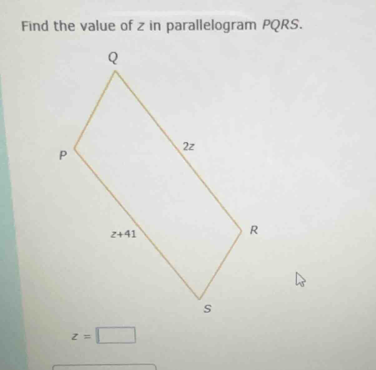 find the value of z in parallelogram pqrs. $z = \\square$